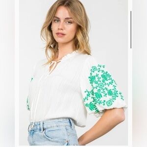 THML Embroidered Sleeve Textured Top